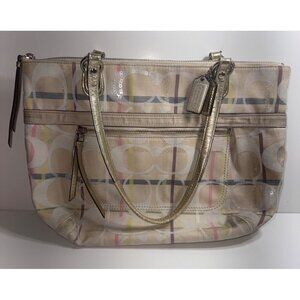 Coach Poppy Tattersall Signature Plaid Tote Bag Metallic Leather Trim 19871 15”